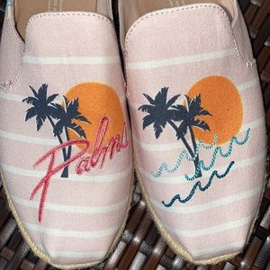 Toms Canvas Espadrille Palm Embroidered Striped Sun Slides Loafers Pink Size 7.5